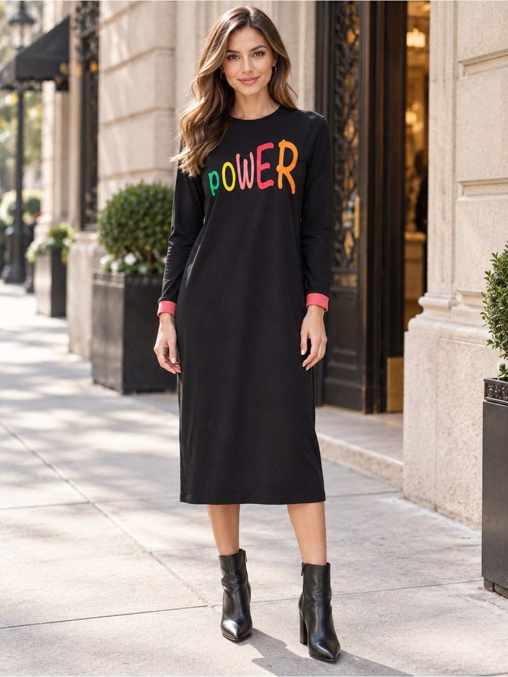 Black POWER Graphic Long Sleeve Midi Dress XS